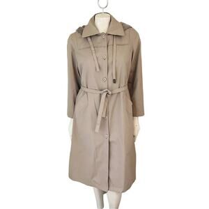 VTG LONDON FOG Faux Fur Lined Belted Hooded Trench Coat in Khaki SZ 10P